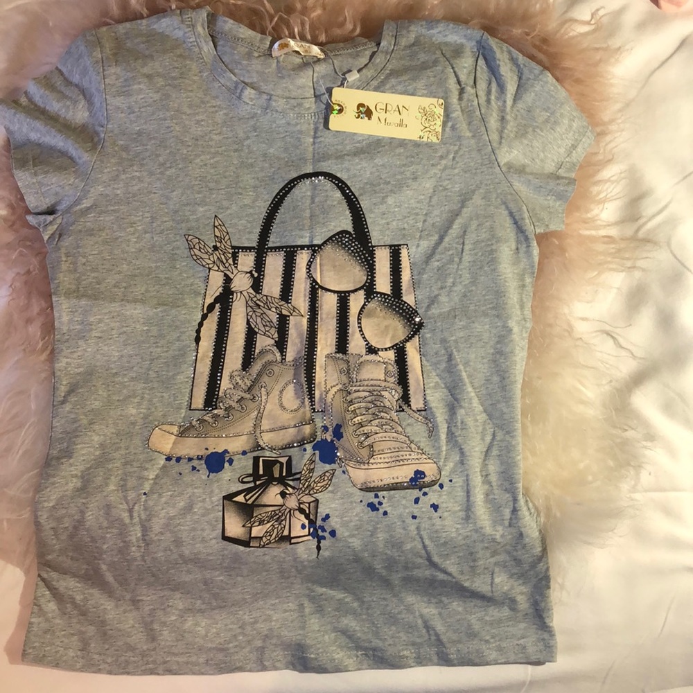 Grey T-Shirt w/ Rhinestone Detail